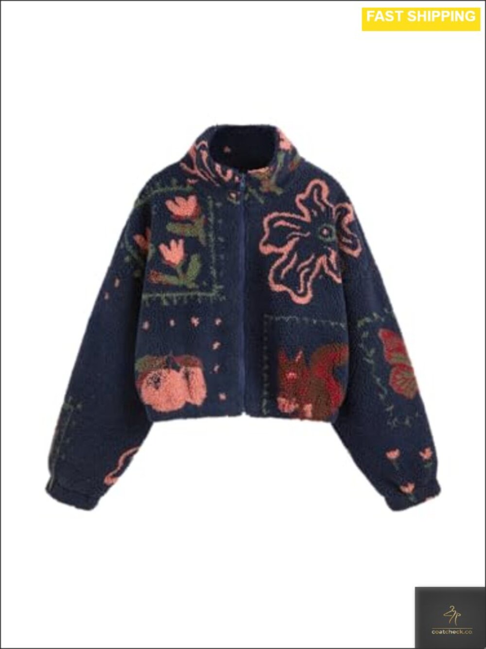 Sherpa Fleece Floral Graphic Zip Jacket Cropped Winter Oversized